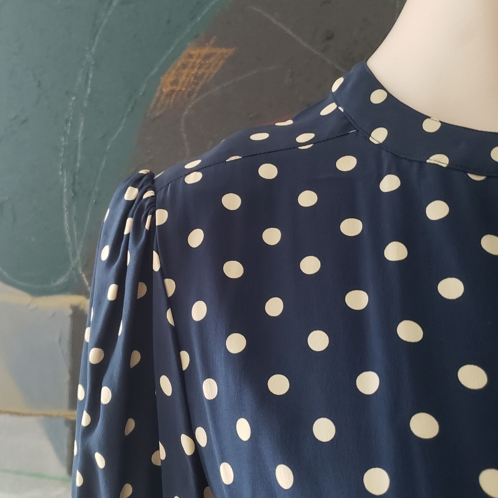 Albert Nipon | Silk Polka Dot Dress with Tie and Pleated Detail - Picture 5 of 16